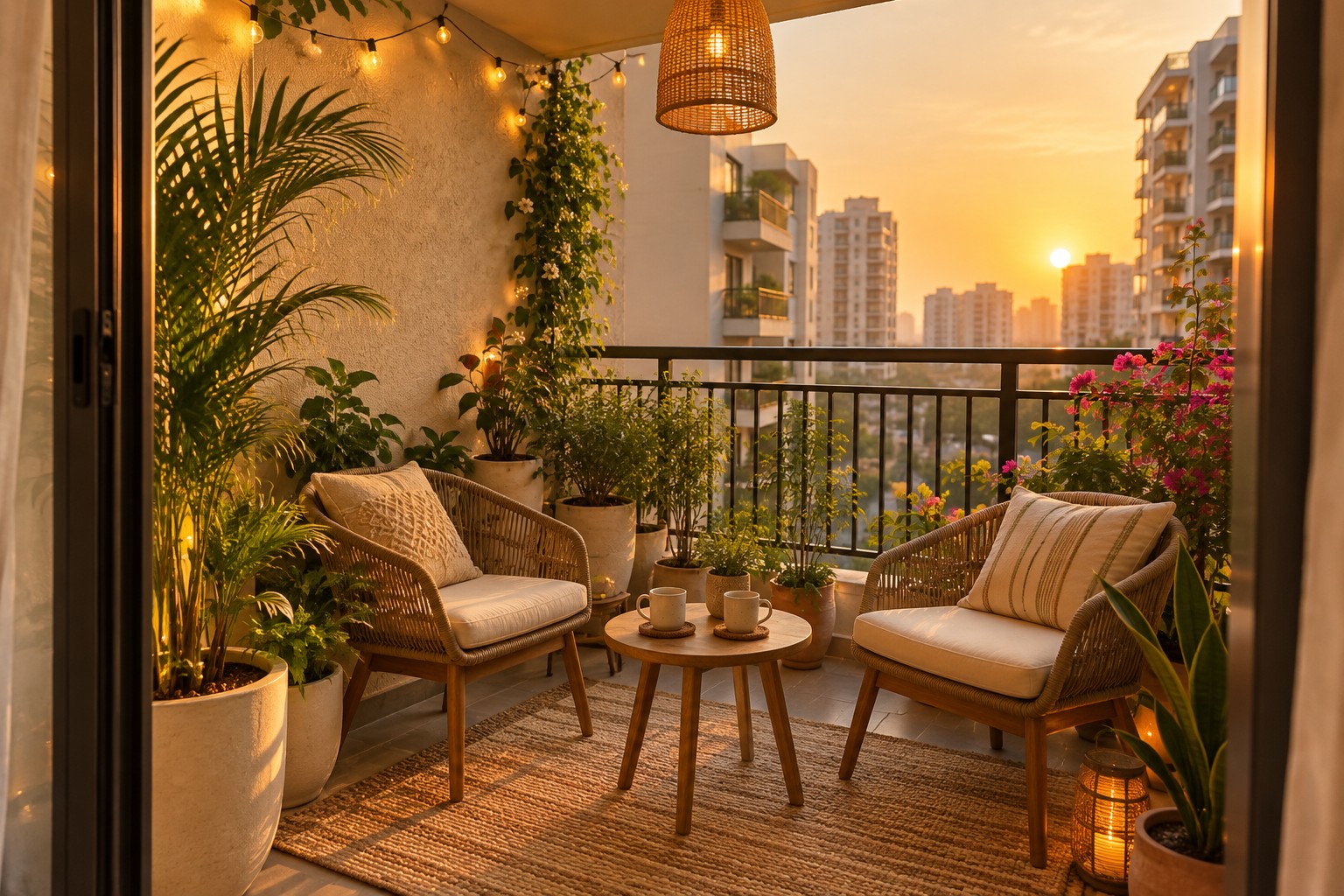 Compact balcony concept with two woven chairs, a tea table, potted greenery and warm lights