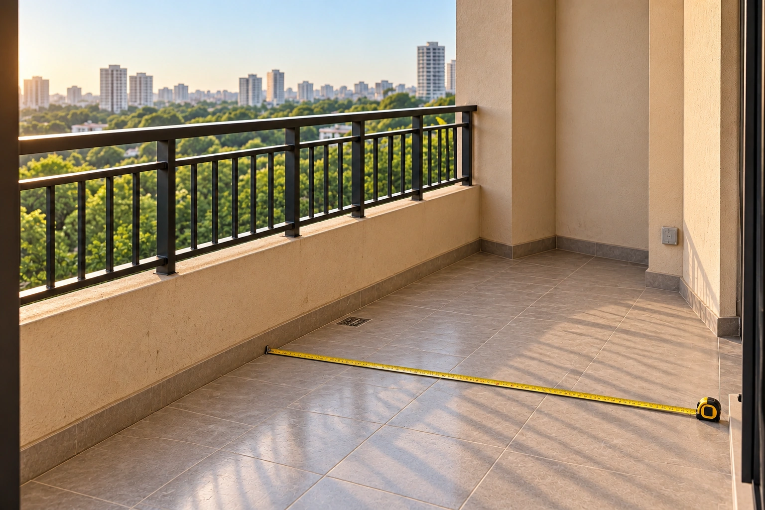 Unstyled balcony with a measuring tape, floor drain and wall socket